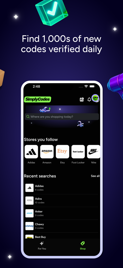 SimplyCodes: Coupons & Rewards - SimplyCodes app home screen showing search for verified coupon codes at popular retailers like Amazon and Nike.
