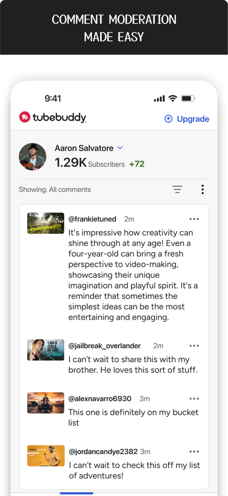 TubeBuddy mobile app showing the comment moderation dashboard for a YouTube creator with subscriber count and recent fan comments