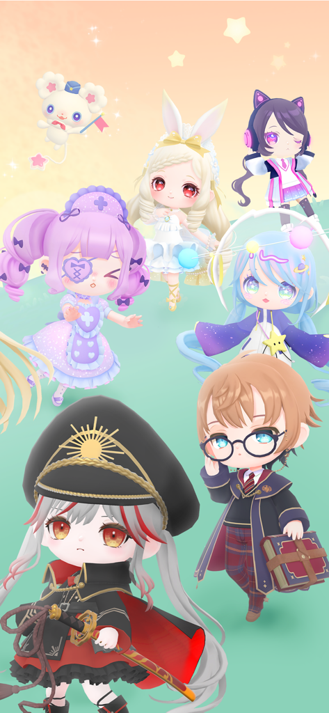 A group of colorful 3D anime avatars with diverse fashion styles in a dreamy setting
