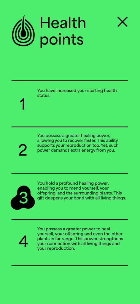 Future Botanica - 투기적인 디지털 생태계를 위한 네 가지 건강 수준과 치유 능력을 자세히 설명하는 Future Botanica 앱 화면.