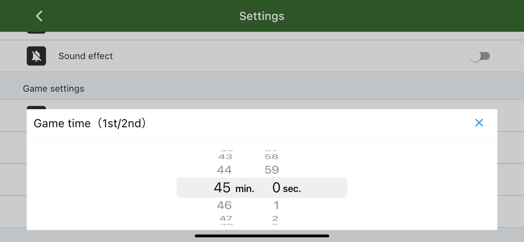 Easy Soccer Scoreboard - Easy Soccer Scoreboard app settings interface for customizing game time duration.