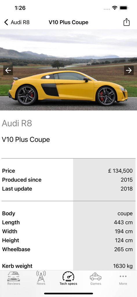 Technische Daten eines Audi R8 V10 Plus Coupé in der Autozine-App
