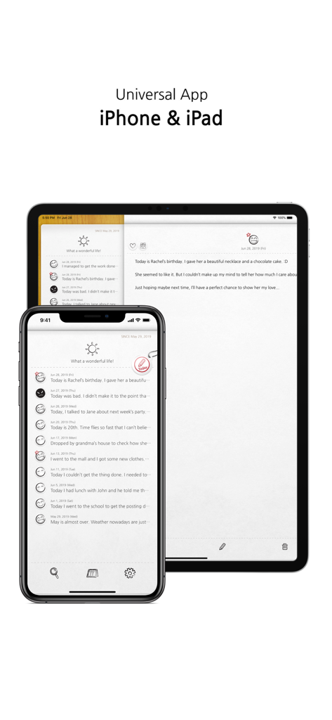 My Wonderful Days Journal - ジャーナルエントリと気分のリストを示すiPhoneとiPad画面に表示されたMy Wonderful Days Journalアプリ