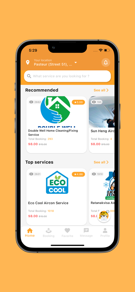 Orkun App - Home Services - Orkun App Home Services main screen showing recommended cleaning and aircon repair vendors
