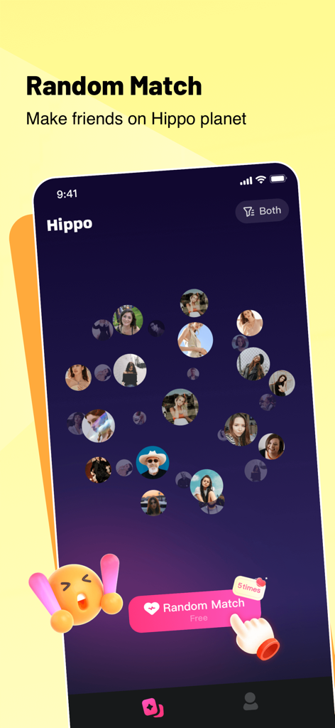 Hippo - Live Video Chat - Hippo app interface showing the random match screen with user profile bubbles and a call to action button
