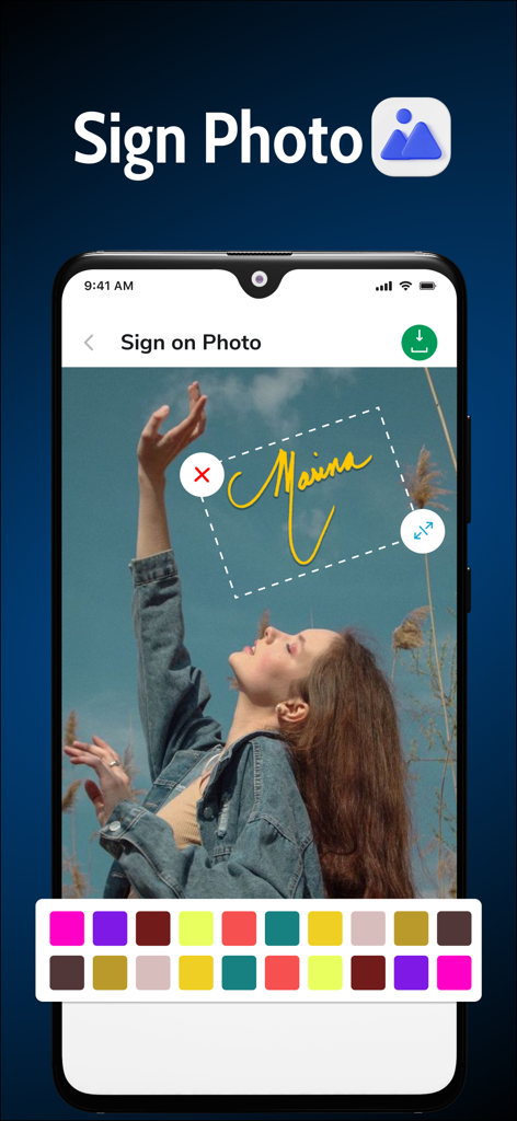 Signature Maker Sign Documents - 컬러 팔레트를 사용하여 사진에 필기 디지털 서명을 적용하는 인터페이스 표시