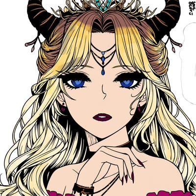 a realistic fantasy manga queen with horns
