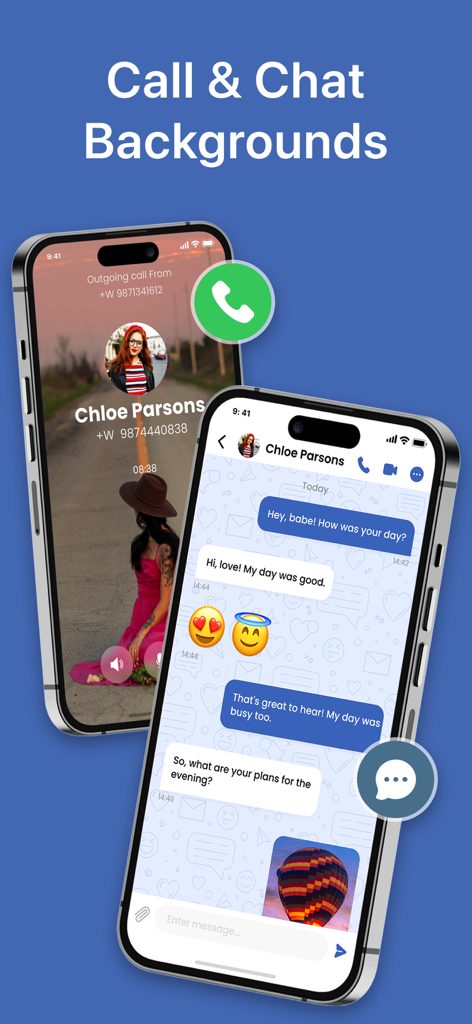 Text App: Calling+Texting Now - Two iPhones showing personalized call and chat backgrounds in the Text App