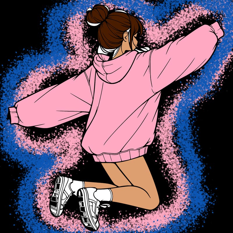 realistic girl jumping with a bun and oversized sweatshirt