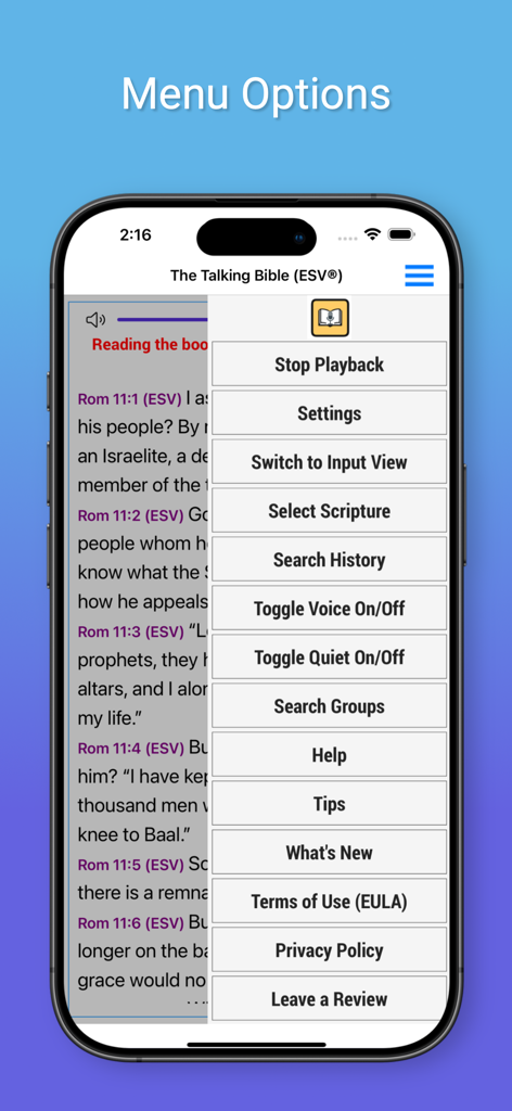 Talking Bible for The Blind - Menu options of the Talking Bible for The Blind app showing accessible navigation features.