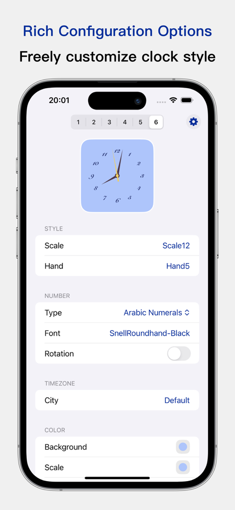 Interface utilisateur pour personnaliser un widget d'horloge esthétique sur un iPhone.