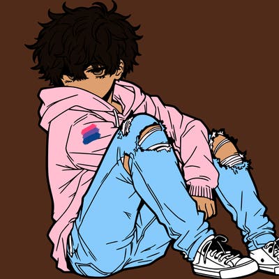 a male hoddie ripped jeans messy hair anime