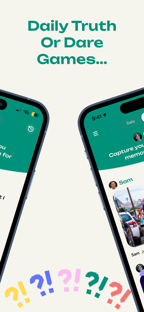 TryMe: Truth Or Dare - Die Benutzeroberfläche der TryMe-App, die tägliche Wahrheit oder Pflicht-Spiele und einen Social-Photo-Proof-Feed auf mobilen Bildschirmen zeigt.