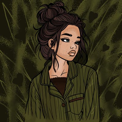 realistic woman with pajamas on and a messy bun