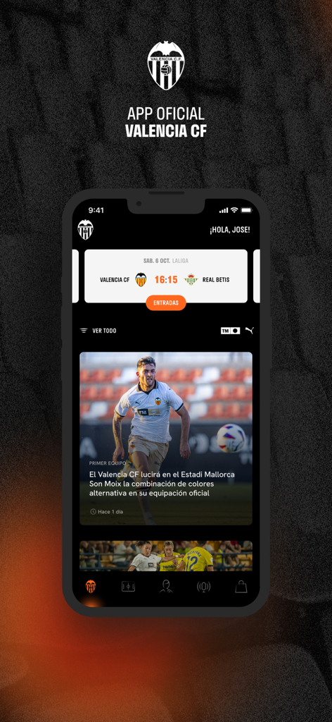 Smartphone screen displaying the Valencia CF official app with match schedule and latest news