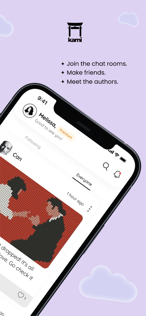 Kami app screenshot showing social chat rooms and community features