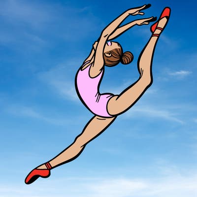 gymnast doing a leap in a leotard with a bent back leg
