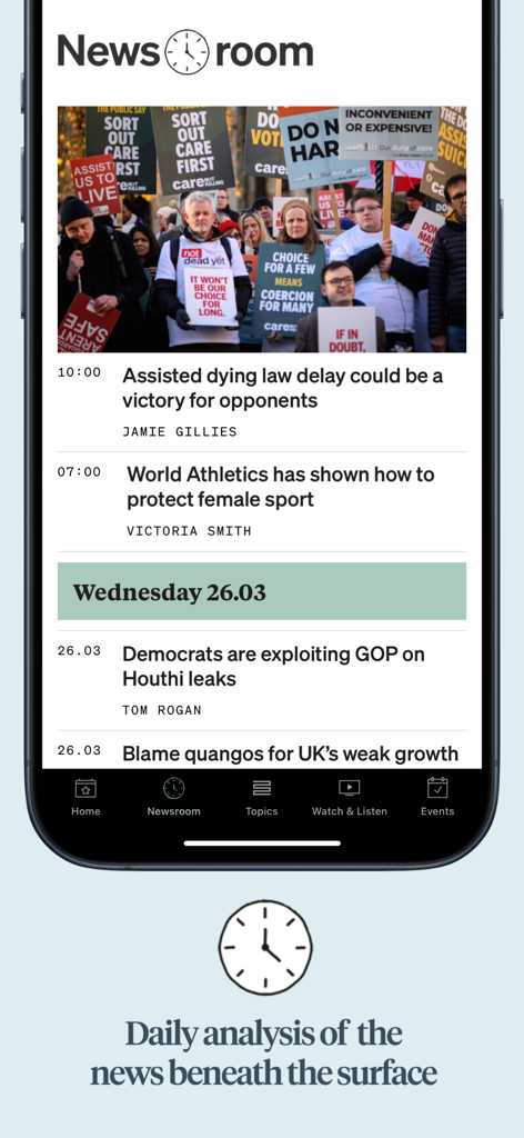 Mobile interface of the UnHerd news app displaying analytical articles in the newsroom