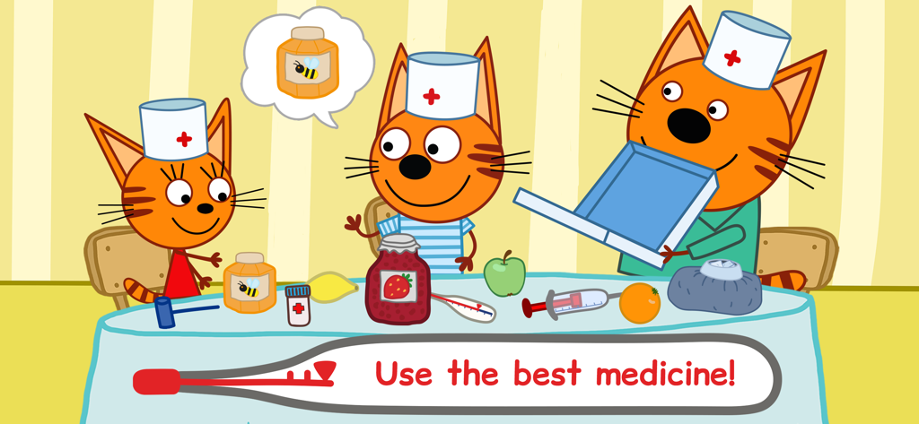 Three Kid-E-Cats characters dressed as doctors sitting at a table with medical tools and healthy treats
