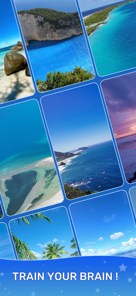 Word Oasis: Calm Puzzle Game - Word Oasisの穏やかな自然景色のコラージュ。「脳を鍛えよう」というテキストが表示されています。