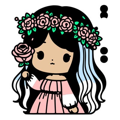 girl with brown hair and white strans with a flower crown and holding a white rose