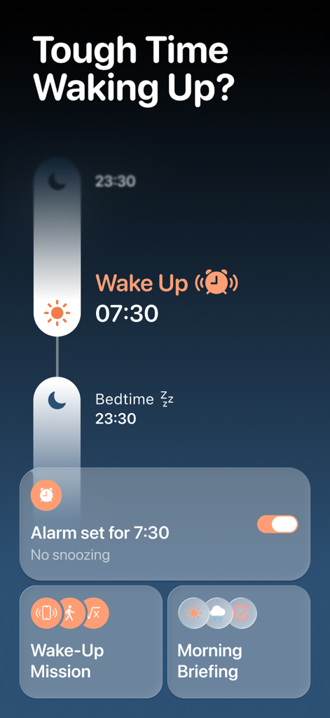 Awake: Smart Alarm Clock - Awake smart alarm clock app interface showing sleep schedule morning missions and briefing