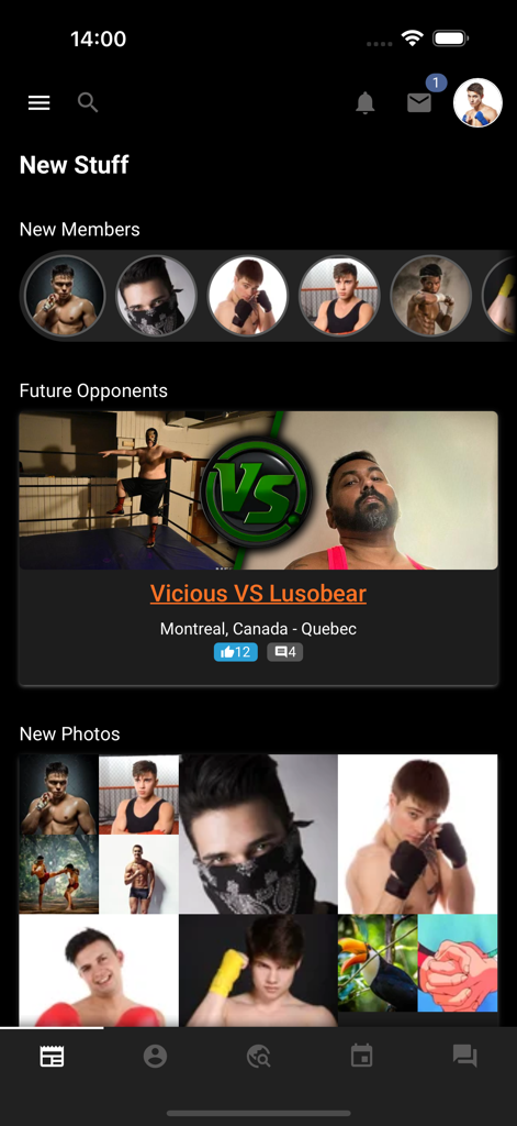 MeetFighters - MeetFighters home screen showing new members and upcoming wrestling matches