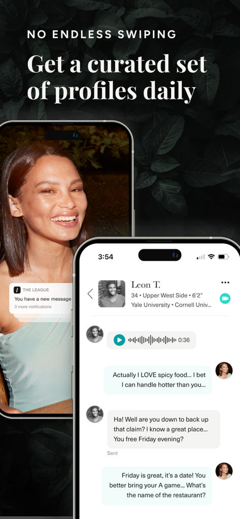 The League: Intelligent Dating - A promotional screen for The League dating app showcasing curated daily profiles and a chat conversation between high-achieving users