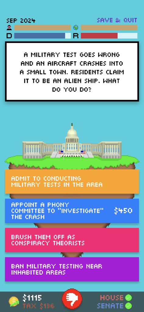 Impeached 2 - Impeached 2 game screen with a military crash scenario and decision buttons