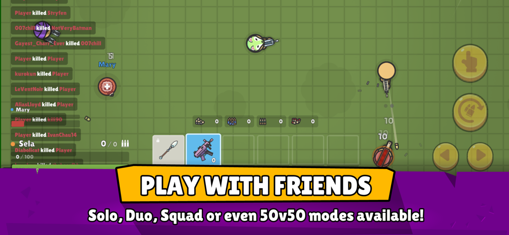 2D top-down battle royale gameplay in ZombsRoyale.io showing characters in a 100-person match
