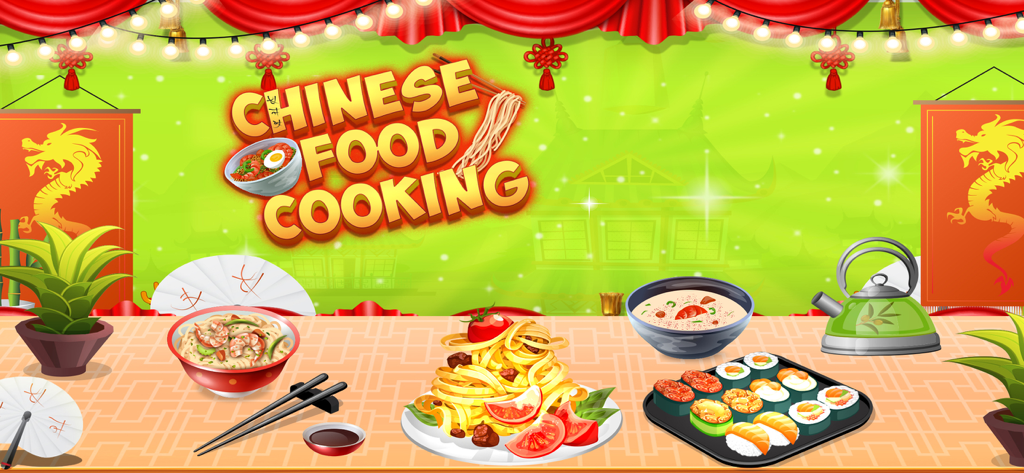 Chinese Food Maker Chef Games - Various Asian dishes like noodles and sushi on a table in the Chinese Food Maker Chef Games app