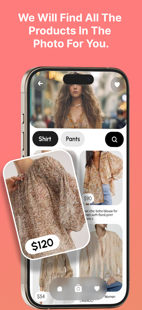 Find clothes - FashionLens Ai - Interfaz de la aplicación FashionLens Ai mostrando un resultado de búsqueda de ropa encontrada en una foto con precios y enlaces de compra