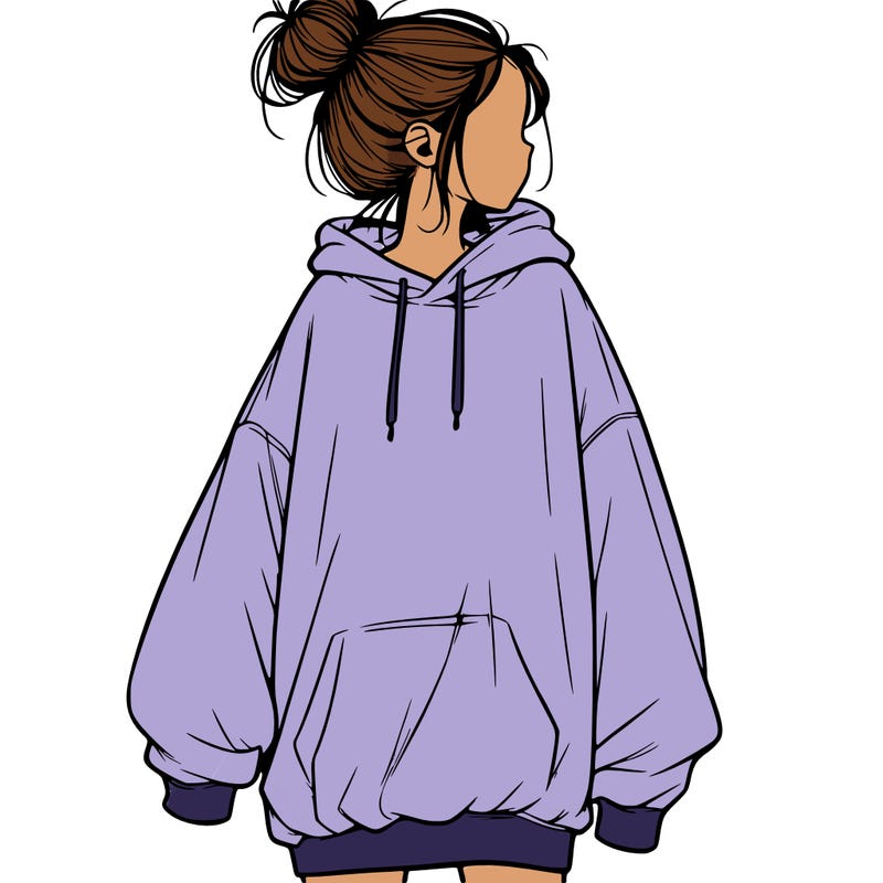 realistic girl with a oversized sweatshirt on and a bun