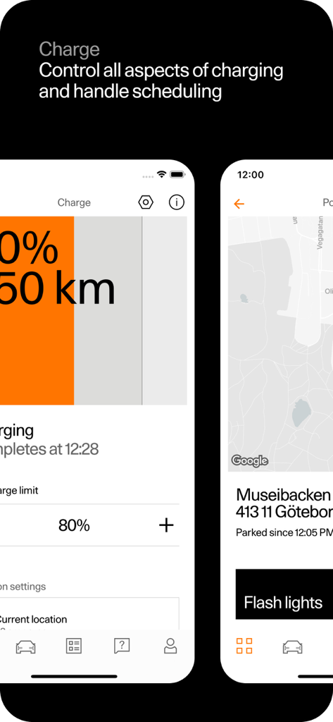 Polestar - Interface of the Polestar app showing battery charging levels and vehicle location tracking