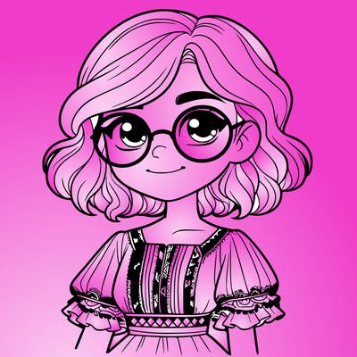 one girl with medium short hair, which are wavy. she has round glasses. she wears a latina outfit.