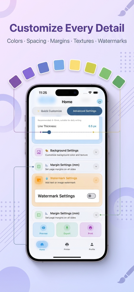 Paper AI: Planner & Templates - Un smartphone mostrando la pantalla de personalización avanzada de la aplicación Paper AI para ajustar márgenes, grosor de línea y marcas de agua en plantillas de papel.