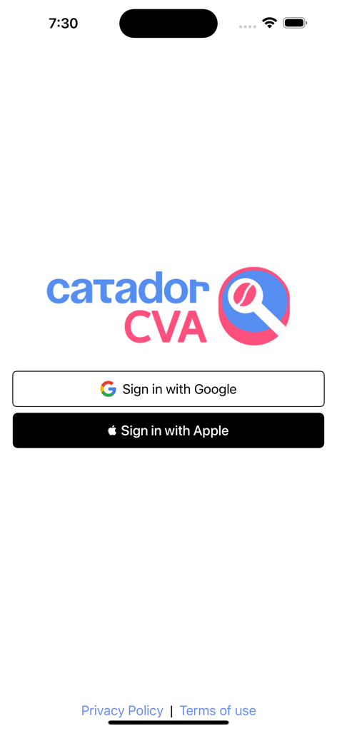 Catador CVA - Catador CVA login screen with Google and Apple sign in buttons