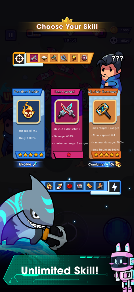 Hero Survival IO - Hero Survival IO game screen showing skill selection for Laser sword and Mjolnir Hammer weapons