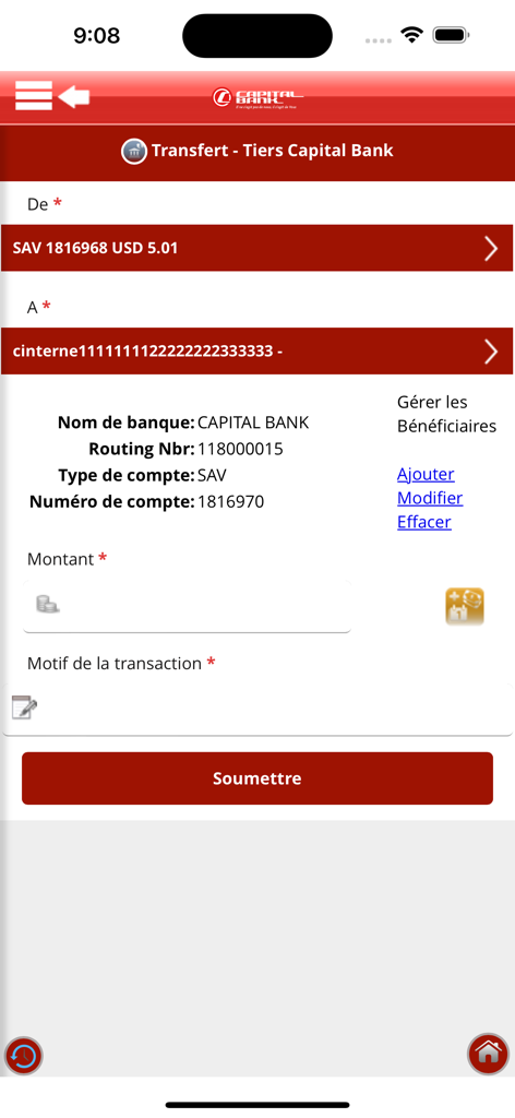 Capital Bank Mobile Banking - Pantalla de transferencia a terceros en la aplicación móvil Capital Bank Haiti