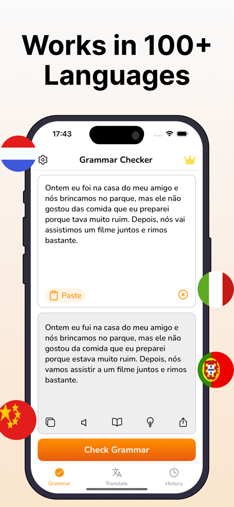 Grammar Check Corrector - Interface de l'application Correcteur Grammatical affichant le support multilingue et la correction de texte
