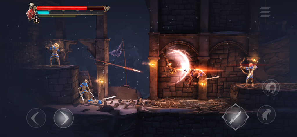 Action gameplay in Grimvalor showing a character performing a sword attack against enemies in a dark dungeon.