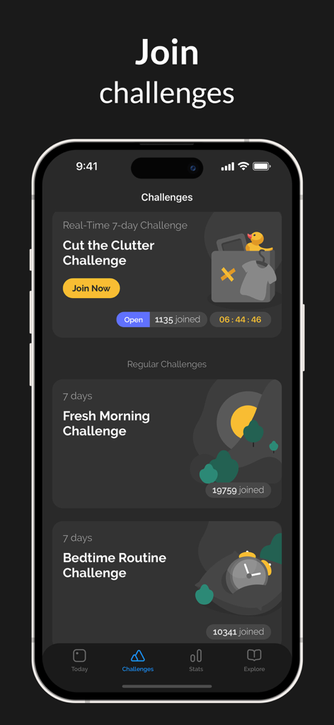 Interfaz de la aplicación Productive Habit Tracker que presenta varios desafíos para construir hábitos en una pantalla de iPhone con tema oscuro.