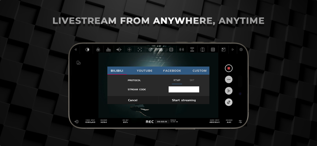 Accsoon SEE - Accsoon SEE app interface displaying livestreaming setup options on a smartphone screen