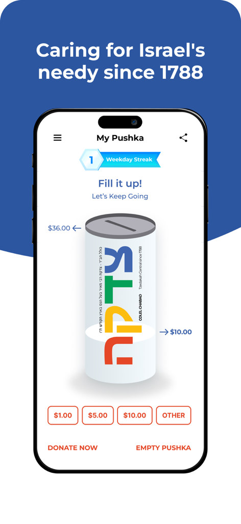 Tzedakah Pushka - Charity Box - Interface de um aplicativo de caixa de caridade judaica digital mostrando valores de doação e uma meta de progresso para doação.
