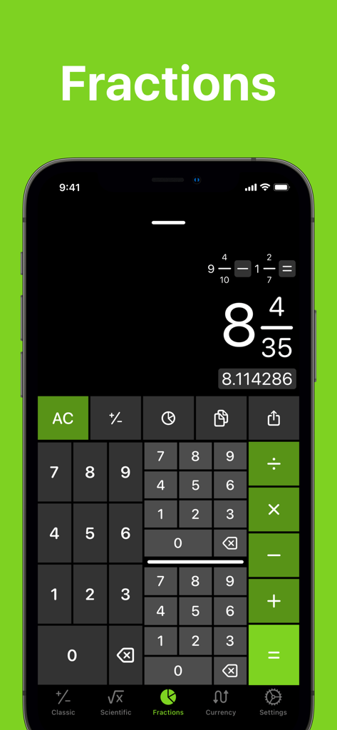 Calculator +ㅤ - Un telefono cellulare che mostra la funzione di calcolo delle frazioni dell'app Calcolatrice +.