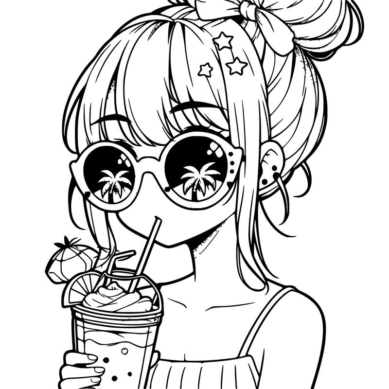 manga girl with hair bun, palm tree sunglasses and a smoothie in her hand