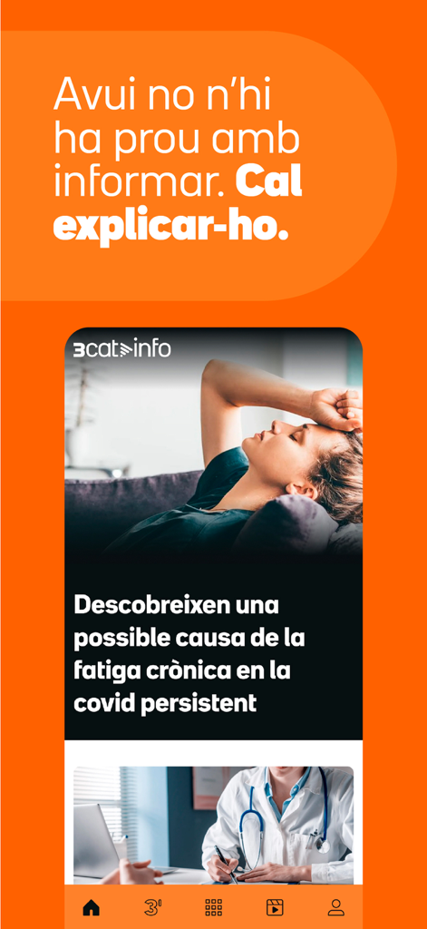 3CatInfo - Interface de l'application d'actualités 3CatInfo affichant un titre sur la recherche sur la fatigue chronique en catalan