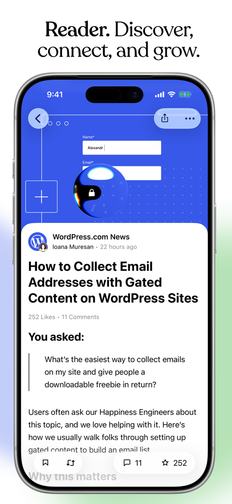 Jetpack for WordPress - Tela de smartphone mostrando o recurso Leitor do Jetpack para WordPress com um post de blog sobre marketing por e-mail.