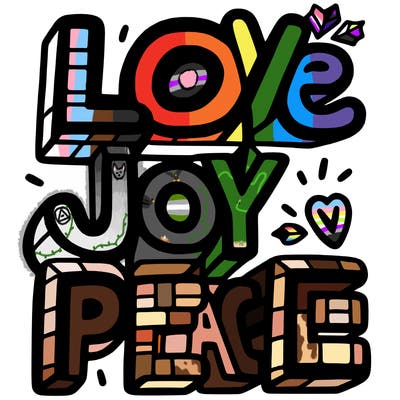 the word in block letters "love, joy, peace"