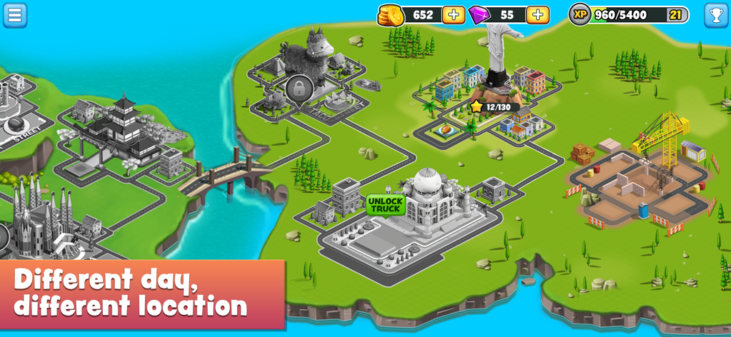 Food Truck Chef™: Cooking Game - A world map in the Food Truck Chef game showing various global travel destinations and food truck locations to unlock